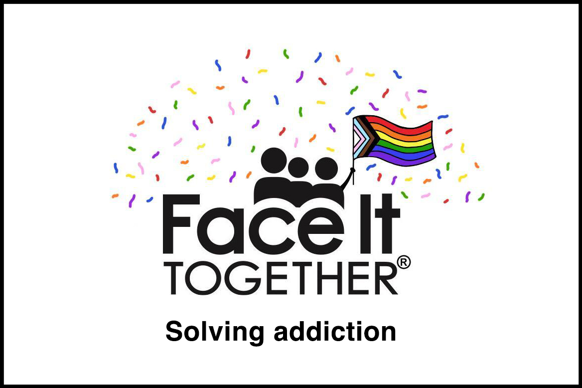 Photo of Face It TOGETHER logo with LGBTQIA+ pride flag and confetti
