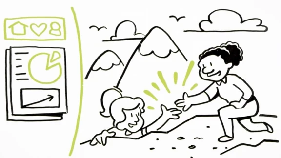 Ilustración de alguien a quien ayudan a subir la ladera de una montaña